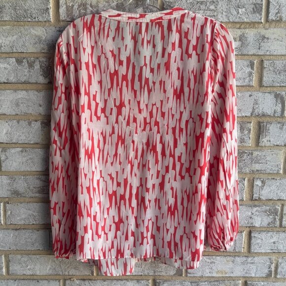 Boden Long Sleeve V-Neck Silk Blend Popover White / Red Blouse Women's Size 8 - Picture 2 of 8
